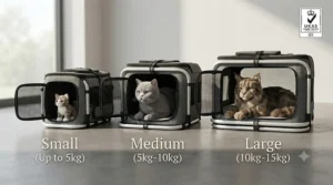 A comparison guide for crash tested cat carriers showing small, medium, and large sizes to suit different cat breeds.