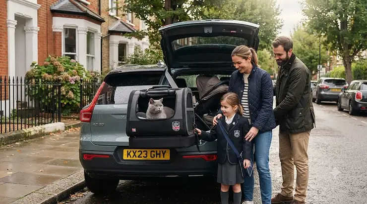 A British family standing by their car on a residential street with a crash tested cat carrier in the boot. crash tested cat carrier