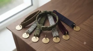 A coordinated designer cat collar and matching walking lead set displayed for cat owners who prefer harness and lead training.