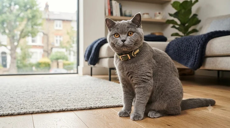 A stylish British Shorthair cat modelling a luxury designer cat collar with a secure safety breakaway buckle, styled against a modern home interior. designer cat collar