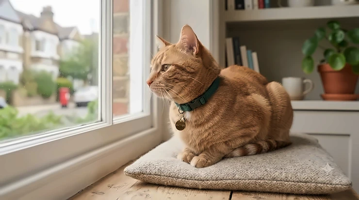 Ginger tabby cat wearing a green breakaway cat collar with a safety bell.\ breakaway cat collar