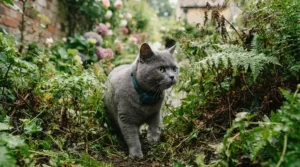 A healthy cat wearing a durable GPS tracker exploring a typical British garden environment.