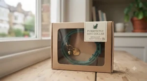 A green cat collar presented in minimal, recyclable cardboard packaging.