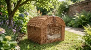 The natural wicker cat carrier sits on a lush green lawn in a beautiful, sunny British garden, surrounded by lavender and hydrangeas, emphasising its natural aesthetic.