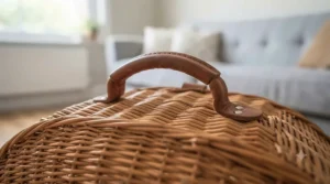 A focused shot of the sturdy, integrated wicker and leather carrying handle on the top of the carrier, highlighting its ergonomic design for portability.