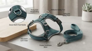 Close-up of a padded mesh escape-proof cat walking harness featuring heavy-duty buckles and a robust lead attachment ring.