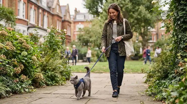 A British shorthair cat wearing a secure, escape proof cat harness in a London garden, ready for safe outdoor walking. escape proof cat harness