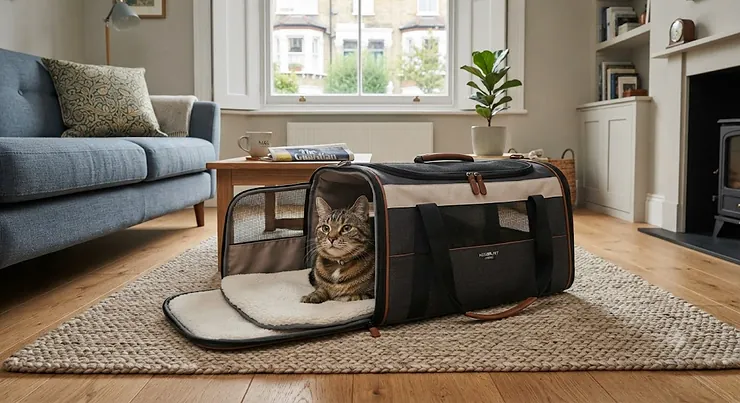 Stylish, expandable cat carrier extended to provide extra room, sitting comfortably in a modern UK living room. expandable cat carrier