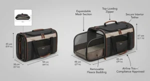 Diagram showing the folded and expanded dimensions of the carrier for airline and car travel.