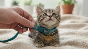 A hand carefully adjusting a colourful breakaway collar on a young kitten.