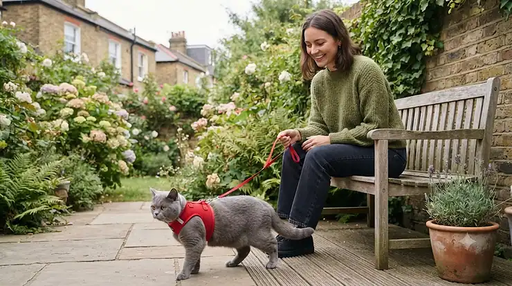 A British Shorthair cat wearing a red vest harness outdoors in a typical UK garden while its owner holds the lead. H-harness vs vest harness cat