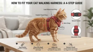 Step-by-step diagram showing how to measure a cat around the chest and neck to ensure a comfortable fit for a walking harness.