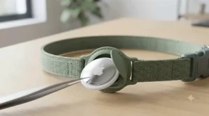 Step-by-step illustration showing an Apple AirTag being inserted into the secure holder of a cat collar.