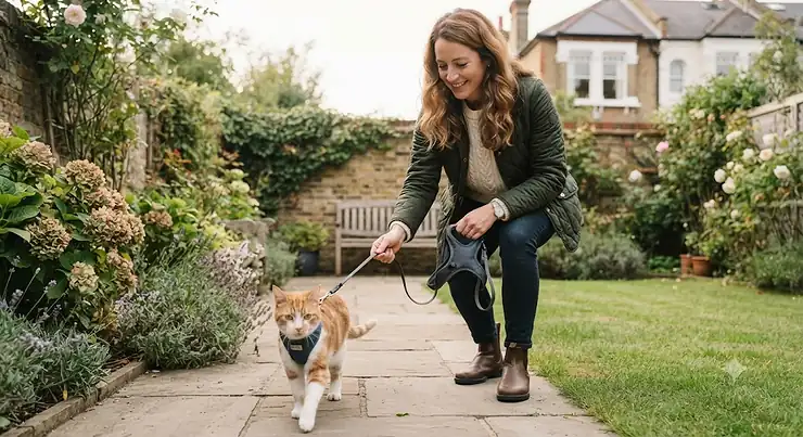 A smiling British woman in a quilted jacket and jeans walks her ginger and white tabby cat, who is wearing a secure harness and lead, along a paved path in a lush suburban London garden. how to walk a cat on a lead