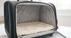 The spacious interior of the rolling cat carrier with a soft, plush base for comfort.