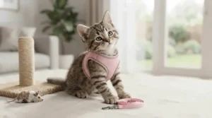 A playful tabby kitten getting used to wearing a lightweight cat walking harness indoors before venturing outside.