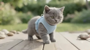 A small kitten getting used to wearing a soft, escape-proof vest harness indoors before garden walks.