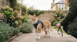 The harness-wearing ginger and white cat explores a sun-dappled lawn in a British garden, sniffing near a flower border while the owner holds the lead loosely, allowing the cat to set the pace.