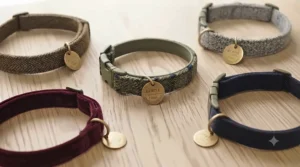 Lightweight and breathable designer cat collar options arranged neatly, ideal for keeping cats comfortable during British summers.