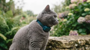 Side profile of a cat wearing a slim-line GPS tracker designed for extended battery life and comfort.