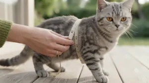 Owner correctly measuring a cat’s girth with a soft tape measure to choose the right harness size.