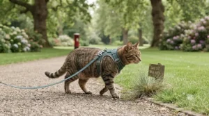 A calm domestic cat exploring a secure public park grass area while wearing a comfortable cat walking harness and training lead.