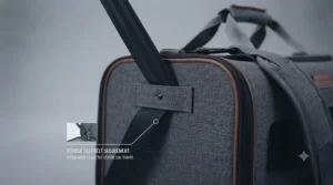A pet carrier secured in a vehicle using an integrated seat belt strap for stability.