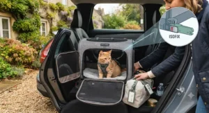 A lifestyle shot showing a cat relaxed inside a car seat carrier, prepared for a road trip or vet visit.