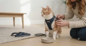 A close-up of a ginger and white cat being offered a high-value chicken treat from a hand, with the navy blue harness resting on the living room rug beside a ceramic bowl.
