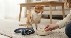 A ginger and white cat confidently walking across a living room rug while wearing the navy blue harness, with the lightweight lead held by the owner, whose arm is visible in the lower right foreground.