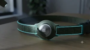 Reflective Apple AirTag cat collar glowing under a light for high visibility during nighttime outside.
