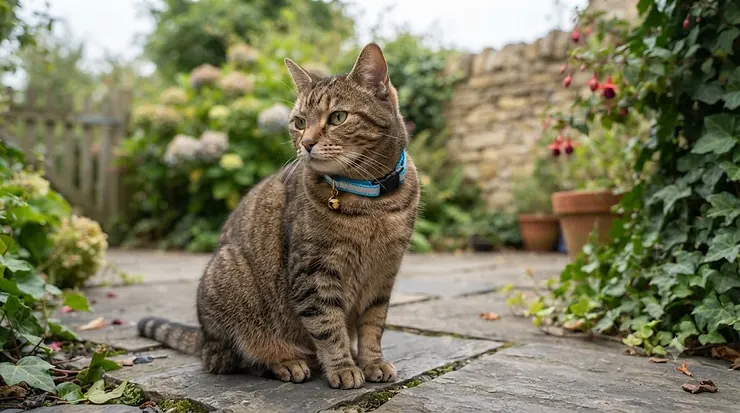 A sleek reflective cat collar with a quick-release buckle, designed for safe nighttime visibility on UK roads. reflective cat collar