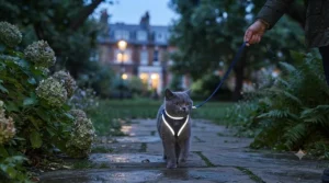 High-visibility reflective stitching glowing on an escape proof cat harness during an evening walk in the UK.