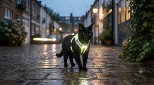 A high-visibility reflective cat walking harness glowing under street lighting during an evening walk.