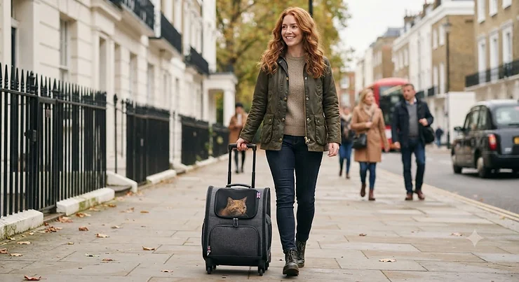 A woman walking down a London street with a grey rolling cat carrier. rolling cat carrier