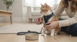 An owner's hands carefully unbuckling the navy blue mesh harness from the ginger and white cat after a successful walk, concluding the session in the living room.