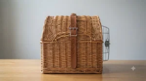 A precise, clean side profile photograph of the wicker cat carrier on a wooden surface against a neutral background, showcasing its classic domed shape and ventilation.