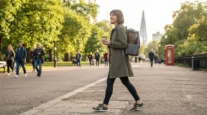 A person holding a takeaway coffee, walking through a London park with their cat in a modern, stylish backpack carrier, with the Shard visible in the background.