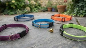 A selection of vibrant, colourful reflective cat collars laid out to show various style choices.