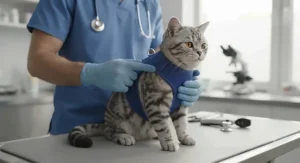 Veterinary professional checking the fit of an ergonomic cat harness to ensure unrestricted movement.
