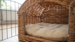 An interior view of the wicker cat carrier with the metal door open, showing the thick, removable, cream-coloured fleece cushion and the breathable woven walls.