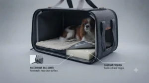 An airline-approved pet carrier with a removable, waterproof base and comfort padding.