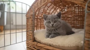 A heartwarming shot of a small, fluffy British Shorthair kitten nestled safely inside the large wicker cat carrier, sitting comfortably on the fleece bedding.