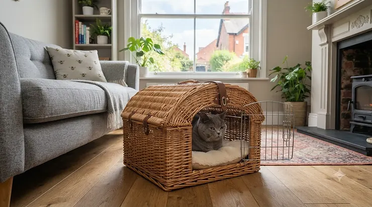 A stylish, durable wicker cat carrier with a soft cream cushion, placed on an oak floor in a modern British living room. A British Shorthair cat is sitting comfortably inside, looking out. wicker cat carrier