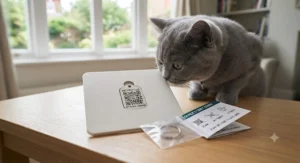 An activation guide card and a new QR code cat tag ready to be set up by the owner.