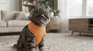 A cat wearing a brightly coloured protective bib designed to prevent successful hunting without the use of a collar bell.