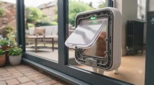 A robust aluminium frame cat flap insert custom-fitted into the bottom track of a white UPVC sliding patio door.