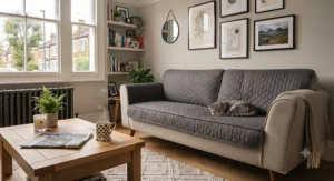 The reverse side of a sofa protector for cats showing the anti-slip backing that keeps the cover securely in place on fabric upholstery.