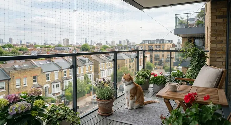 Secure cat safety netting installed on a modern UK apartment balcony protecting a pet. balcony cat nets