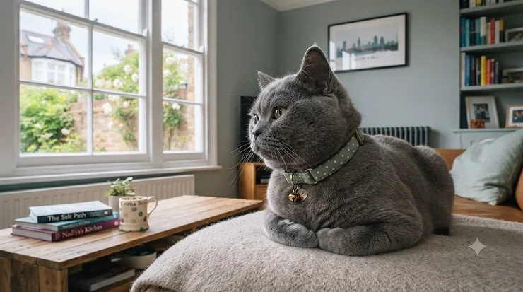 A happy British shorthair cat wearing a safe quick-release bell collar for cats while relaxing indoors. bell collar for cats